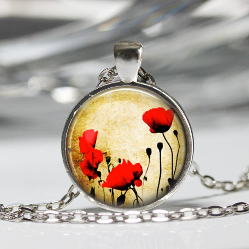 Poppy Flower Necklace, Flower Pendant, Floral Poppy Flower Jewelry B14 image 1