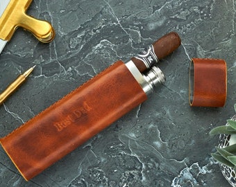 FREE personalized leather flask with cigar tube, Father's Day Gift, Groomsmen gift