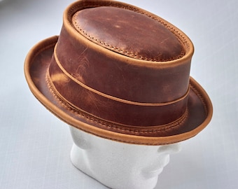 Leather Pork Pie Hat with FREE personalization unisex hand-stitched Any sizes