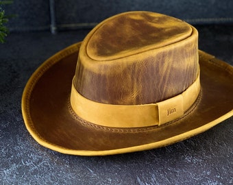 Free Personalized Vintage Leather Outback Hat Unisex Western Adventure Fedora Any sizes