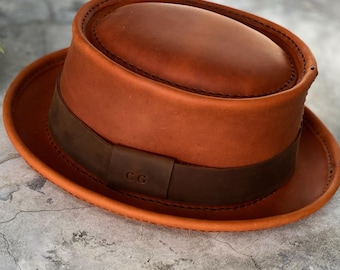 Custom Unisex Leather Pork Pie Hat – Hand-stitched Retro Style