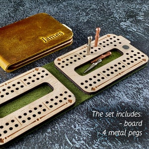 Planche de voyage personnalisée en cuir Cribbage avec 4 piquets