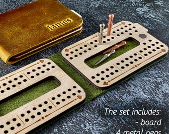 Personalized Leather Cribbage Travel Set Folding Board with 4 Pegs
