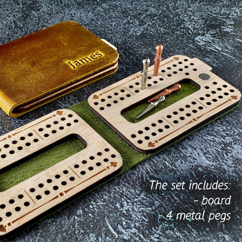 Custom Leather Cribbage Travel Set | Folding Board with 4 Pegs