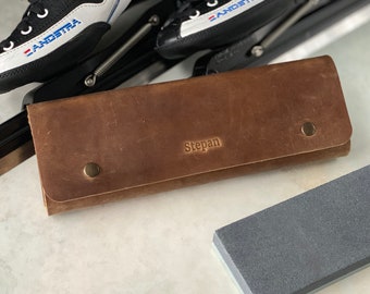 Personalized leather case for skates sharpening stone Gift for long track skater, short track skater