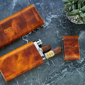 Frasco de cuero personalizado con tubo para 2 puros, regalo de whisky y puros