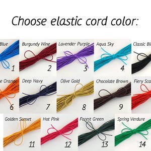 May include: An image displays 14 bundles of elastic cord in various colors, including electric blue, burgundy wine, and lavender purple. The text "Choose elastic cord color:" is at the top. Each bundle is labeled with a number from 1 to 14.