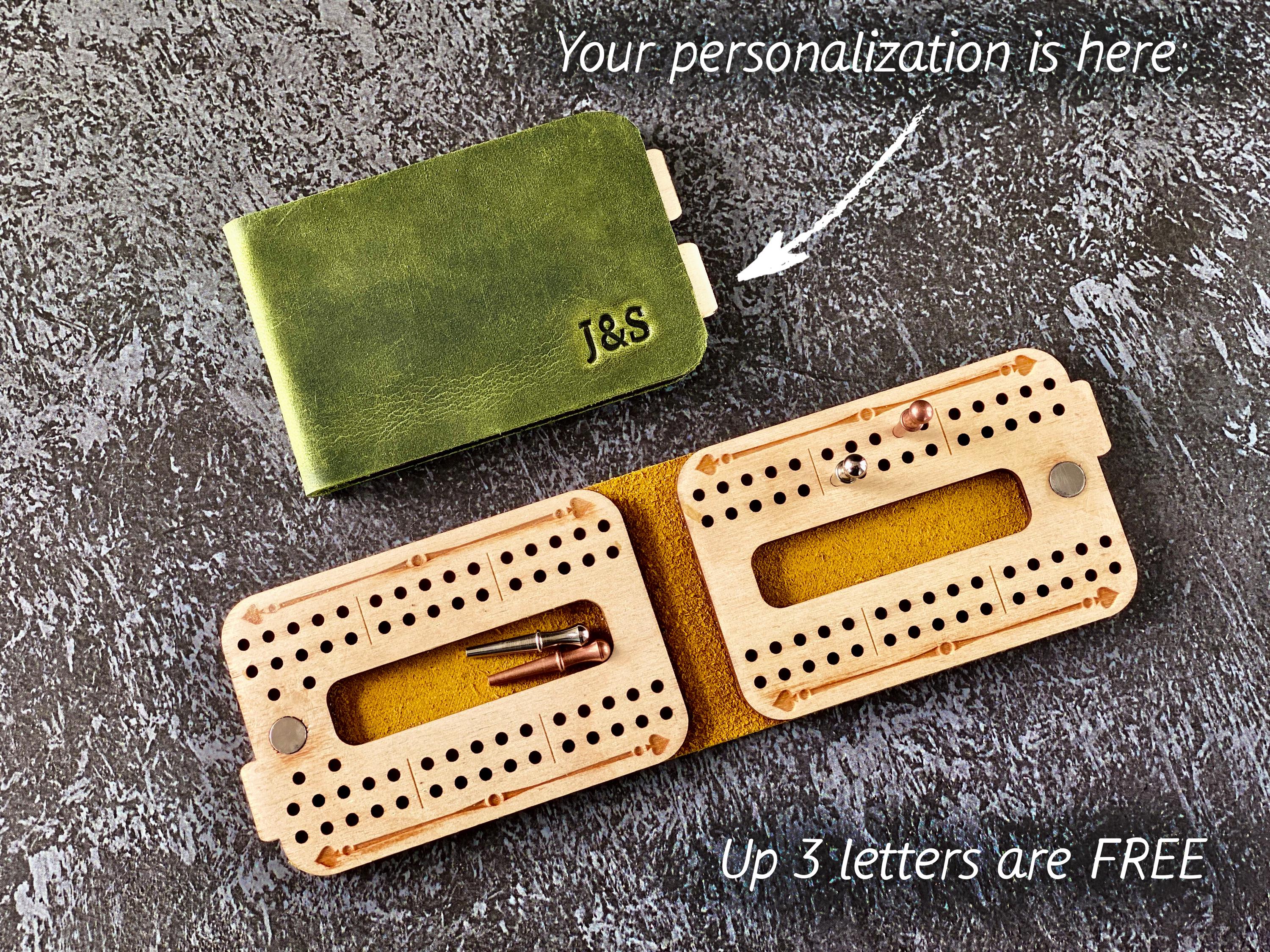 Custom Leather Cribbage Travel Set | Folding Board with 4 Pegs