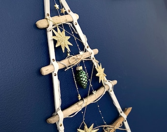 Driftwood Leather Wall Christmas Tree, Baltic Sea Eco Decor, Leather Accents Cat-Owner Friendly