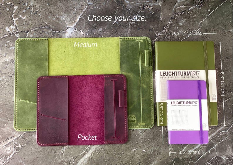 May include: Three leather notebook covers in different sizes:  "Medium", "Pocket", and a larger cover with the text "LEUCHTTURM1917" and "DETAILS MAKE ALL THE DIFFERENCE". The covers are green, burgundy, and olive green.