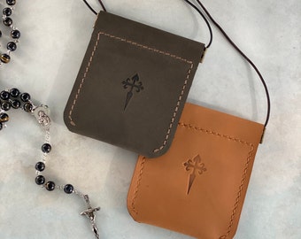 Personalized leather rosary pouch with Cross of Saint James