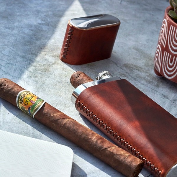 KOSTENLOSE personalisierte Lederflasche mit Schlauch für 2 Zigarren, Geschenk zum Vatertag, Geschenk für den Bräutigam