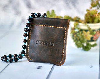 Personalized leather rosary pouch with squeeze frame