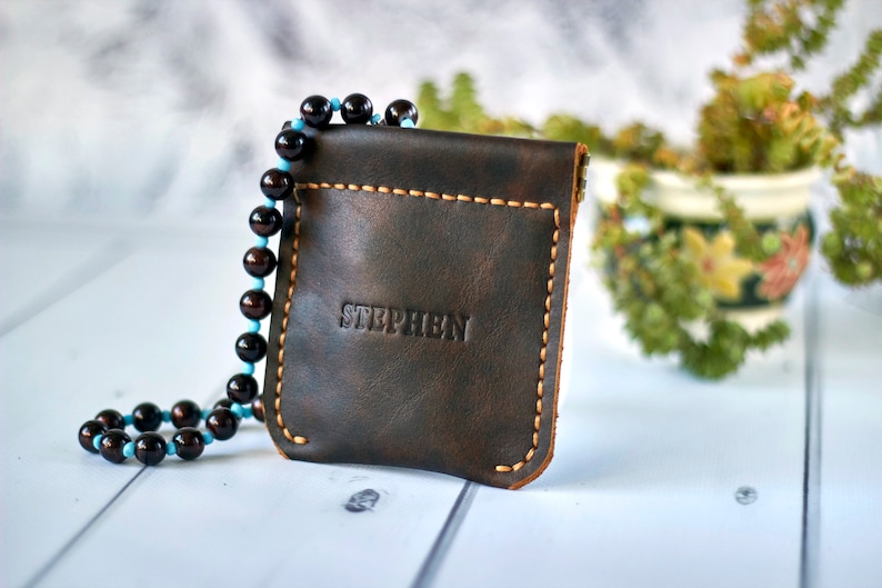 Personalized leather rosary pouch with squeeze frame image 1