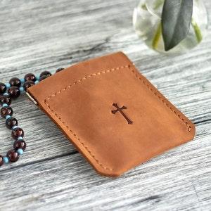 Rustic Leather Rosary Holder with Cross First Communion Gift Idea