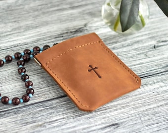 First Communion gift Personalized leather rosary pouch with embossing of cross