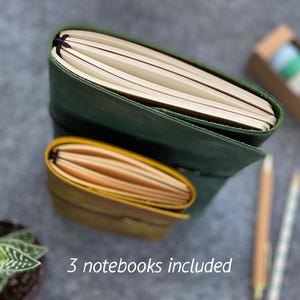 May include: Two leather notebooks, one green and one yellow, with cream-colored pages. The notebooks are stacked, with the green one on top. The text "3 notebooks included" is at the bottom. A small succulent plant, pencils, and washi tape are also visible.