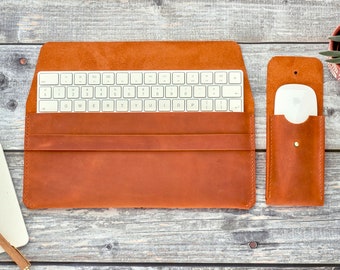 Personalized Leather Case Set Magic Mouse and Magic Keyboard Travel Covers