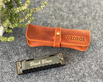 CUSTOM size case for any Harmonicas Free personalized leather case with Stainless Steel Harmonica