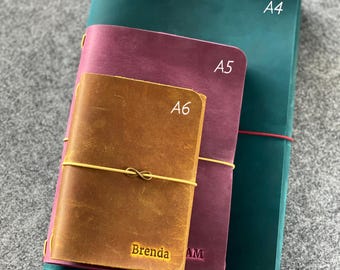 Personalized Leather Trifold Journal Refillable Midori Style Notebook A6 A5 A4