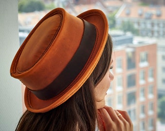 Personalized Unisex Leather Pork Pie Hat hand-stitched Any sizes