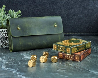 Personalized Leather Playing Card Case with 2 Designer Decks & Metal Dice Poker Gift