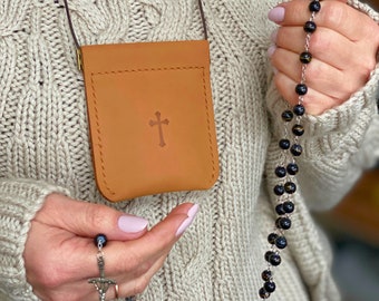 Personalized leather rosary pouch with adjustable cord