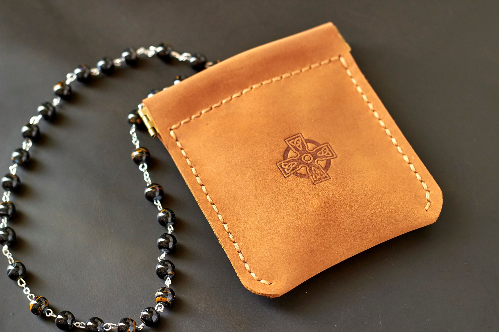 Leather rosary pouch with Celtic cross