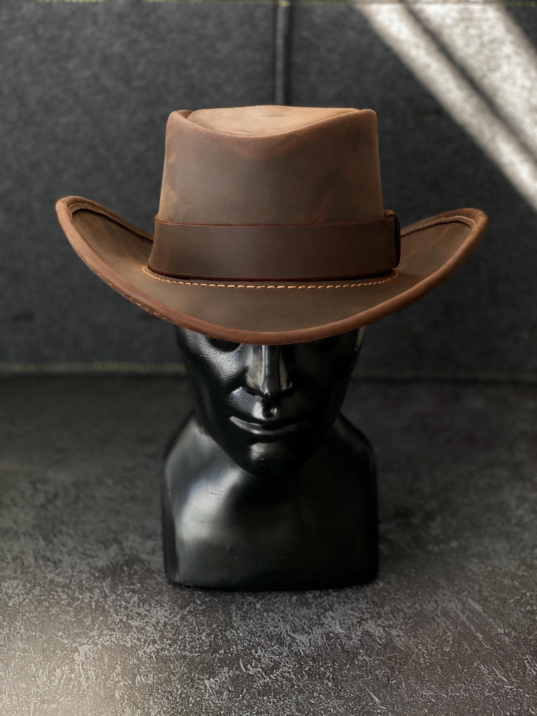 Handmade Tooled Leather Outback Hat Inlaid Woven Textile Fedora Vintage Leather Outback Hat, Western Cowboy Bush Hat  main image 3