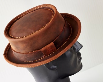 Custom Brown Leather Pork Pie Hat – Hand-stitched, Elegant Style