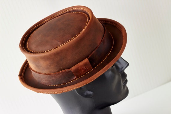 Custom Brown Leather Pork Pie Hat – Hand-stitched, Elegant Style