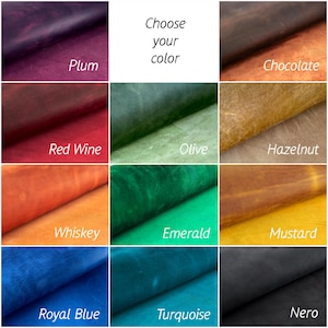 May include: A collage of leather swatches in various colors, including plum, chocolate, red wine, olive, hazelnut, whiskey, emerald, mustard, royal blue, turquoise, and nero. Choose your color.