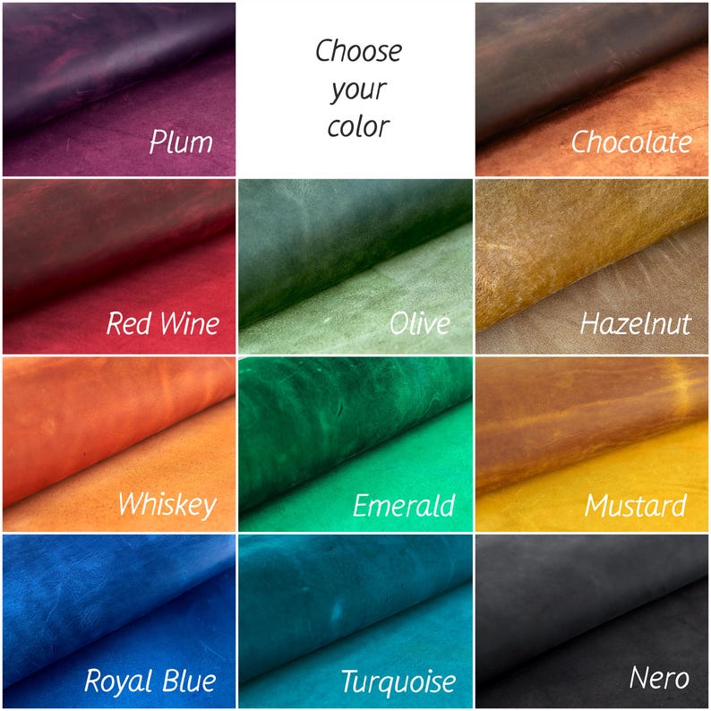 May include: A collage of leather swatches in various colors, including plum, chocolate, red wine, olive, hazelnut, whiskey, emerald, mustard, royal blue, turquoise, and nero. Choose your color.