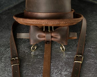 Custom Personalized Leather Pork Pie Hat with Bow tie and Suspenders Any sizes