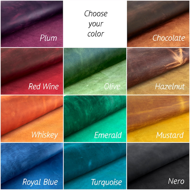 May include: A color chart showing 12 different leather colors. The colors are: Plum, Chocolate, Red Wine, Olive, Hazelnut, Whiskey, Emerald, Mustard, Royal Blue, Turquoise, and Nero.