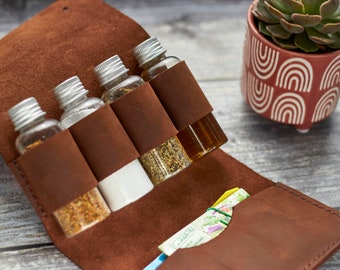 Personalized Leather Travel Spice Set with Empty 3 or 4 Bottles