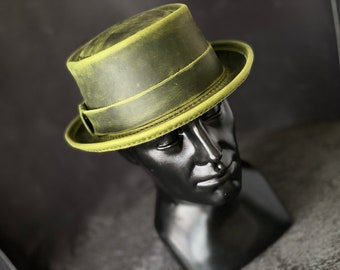 Personalized Leather Pork Pie Hat in Any size Unisex Hand-stitched hat Any colors