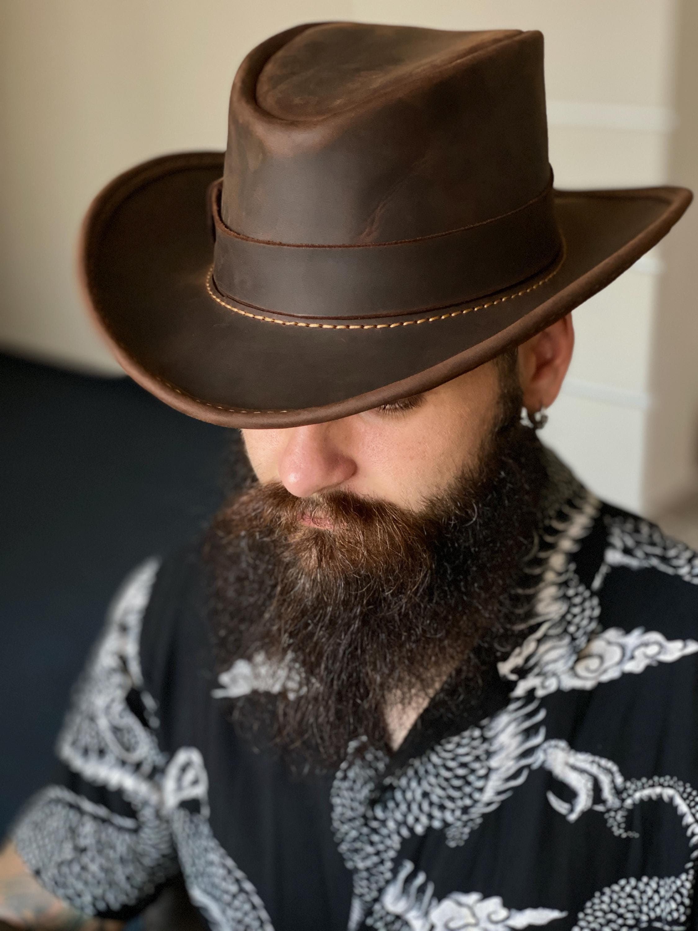 Customizable Vintage Leather Outback Hat – Unisex Western Adventure Fedora, Available in All Sizes