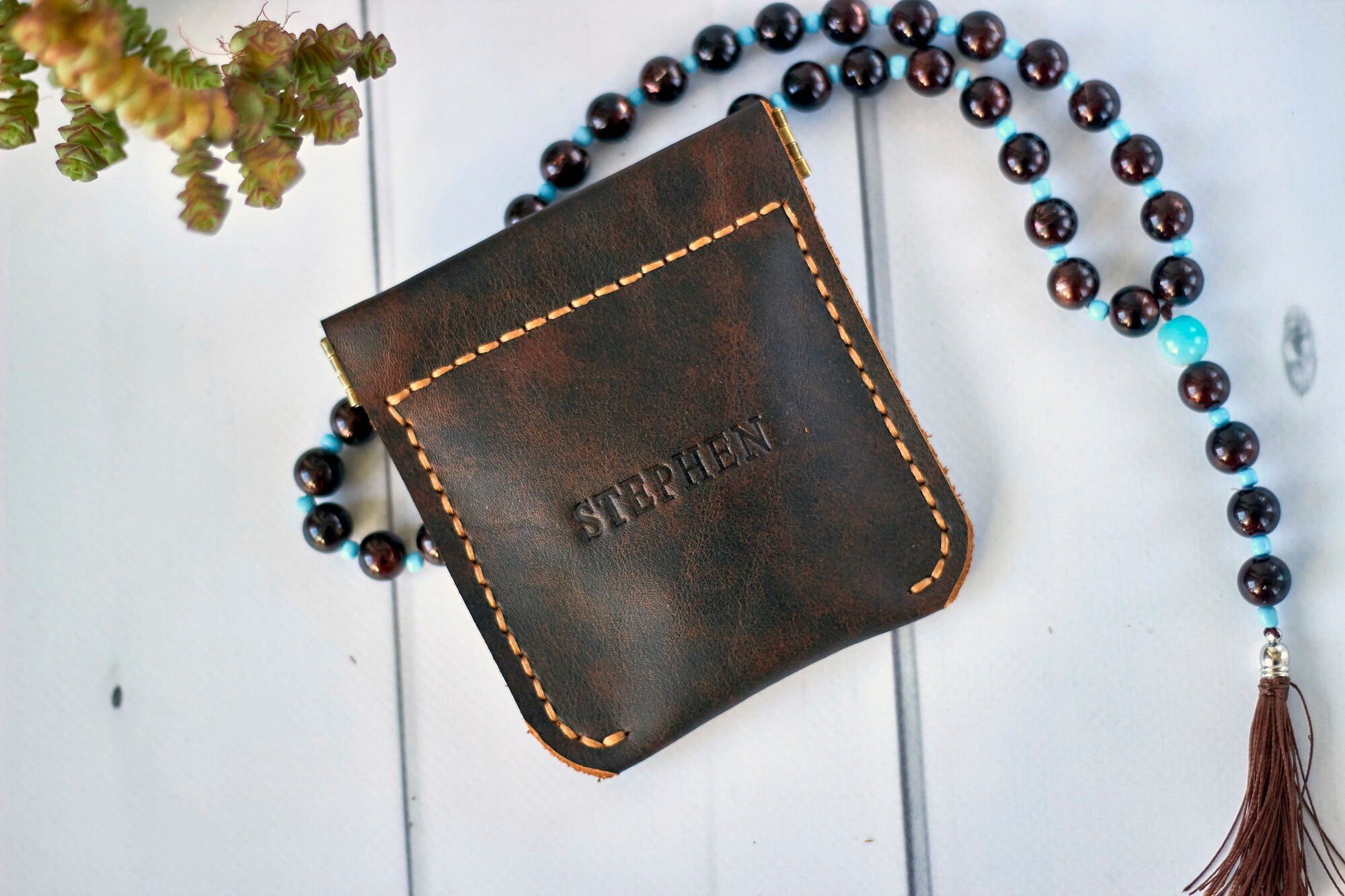 Personalized leather rosary pouch with squeeze frame Etsy