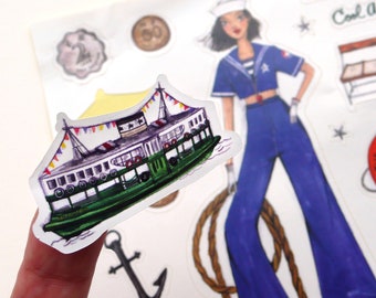 Hong Kong Sticker - Miss Star Ferry - Glossy Planner Sticker Sheet - Hong Kong Fashion Illustration 5" x 8"