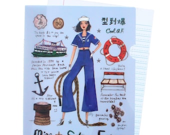 Hong Kong Stationery Folder - Miss Star Ferry Fashion Illustration - Cute Hong Kong Gift - Blue school folder, A4 plastic document folder