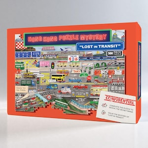 May include: A 500-piece jigsaw puzzle depicting a colourful illustration of a Hong Kong street scene with a variety of vehicles, including buses, taxis, trams, and cars. The puzzle is titled "Lost in Transit" and includes a confidential message that can be revealed by completing the puzzle.