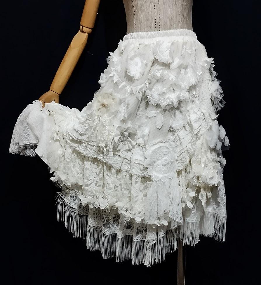 white lace skirt, romantic boho skirt, ruffled designer skirt, wedding party, gift for her, fringe, free shipping