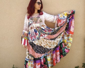 Patchwork Bohemian Dress, Floral Embroidered Cotton, S/M, colorful