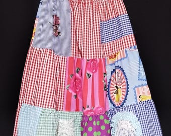 Gingham skirt, colorful skirt, patchwork, free size, vintage style