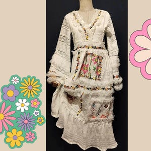 Handmade White Lace Maxi Dress: Embroidered Bohemian Cotton Gown (S/M)