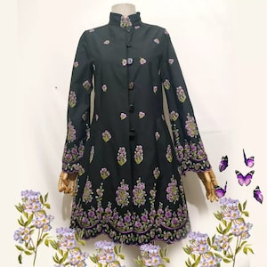 Special design kaftan, embroidered, long jacket, handmade, spring light jacket, boho, purple flowers