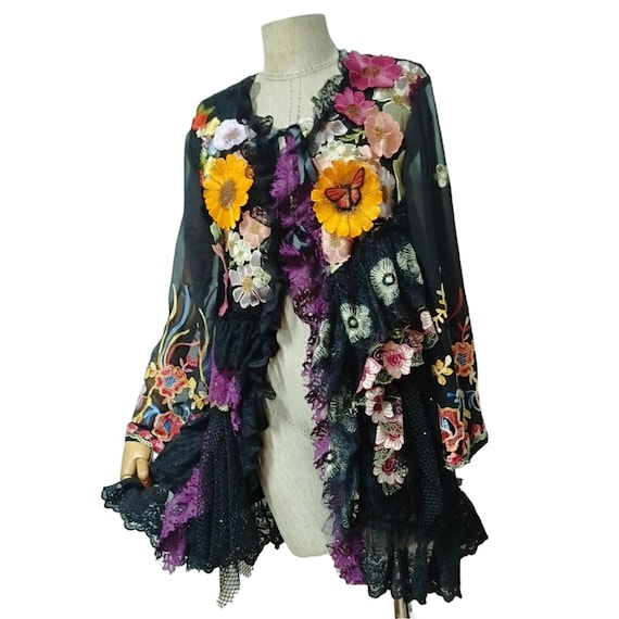 Colorful boho jacket, floral, Romantic boho jacket, art of wear, ruffles, lace cardigan