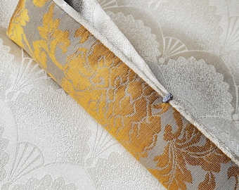 Gold Peony Pen Sleeve: Silk Paper Textile, White Silk Lining
