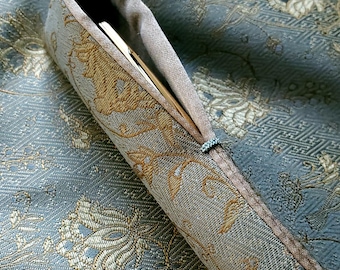 Handmade Silk Pen Sleeve: Pale Blue Floral Donsu, Milk Tea color Silk Lining